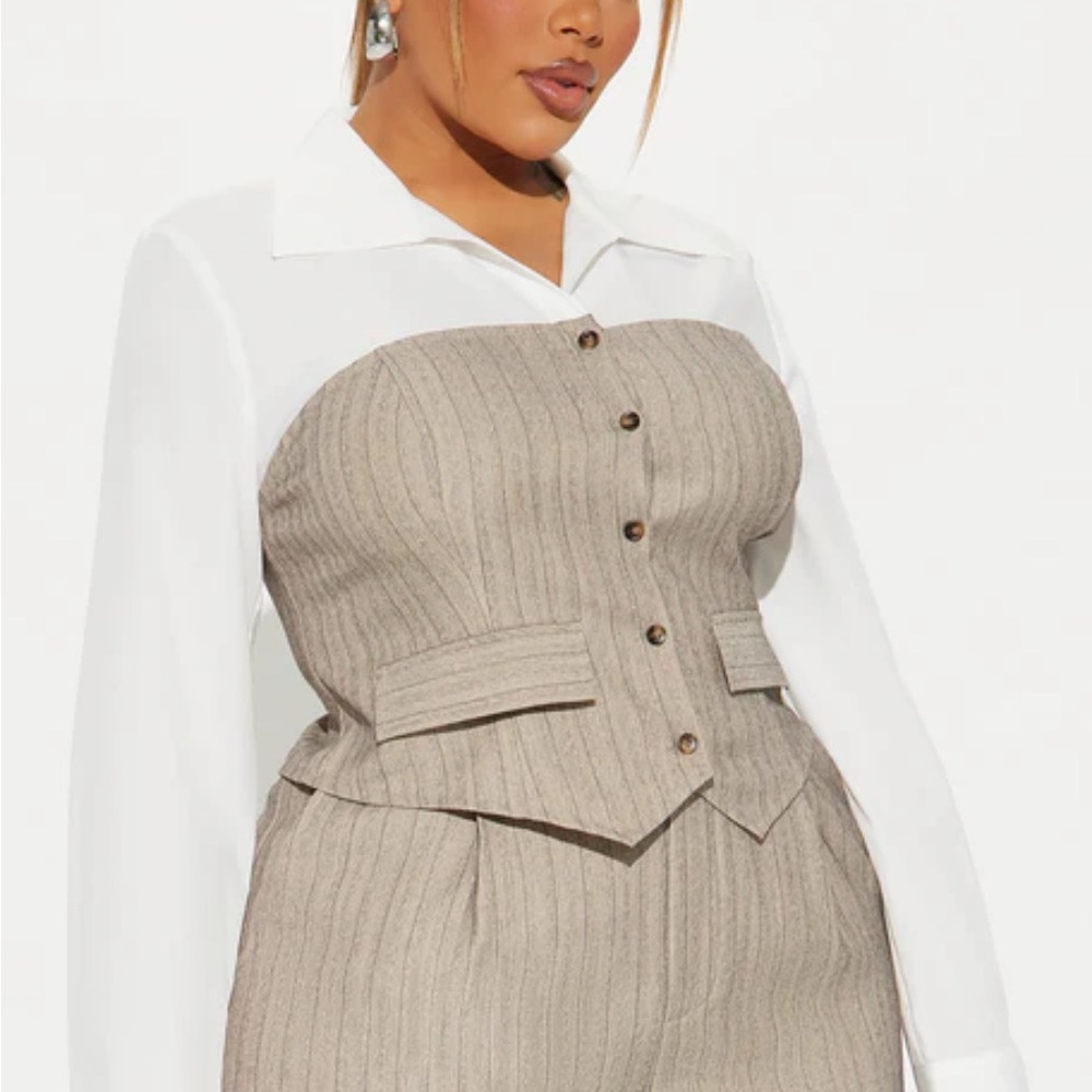 Fashion Nova Beige Pinstripe Shirt Vest